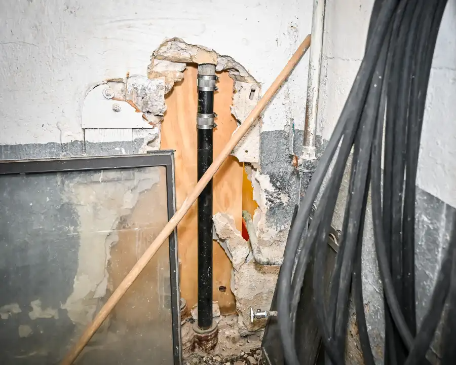 An exposed pipe in the basement.