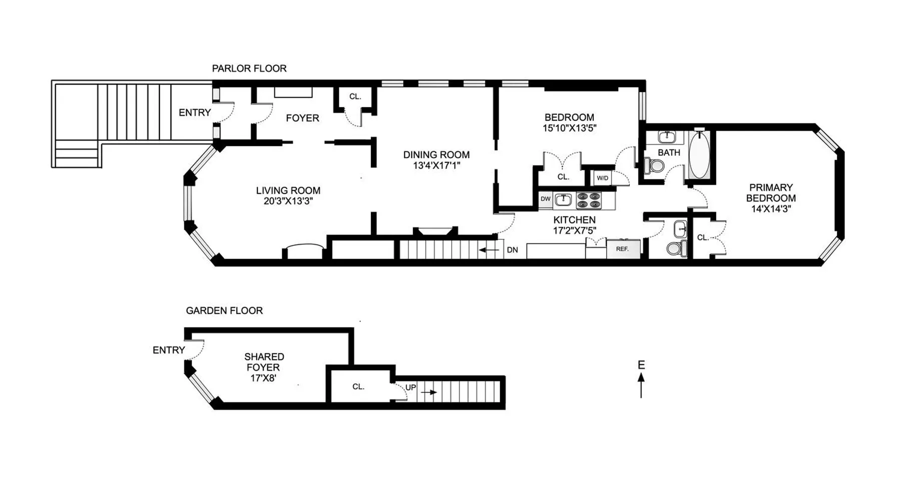 floorplan with two bedrooms and 1.5 baths ar rear of unit