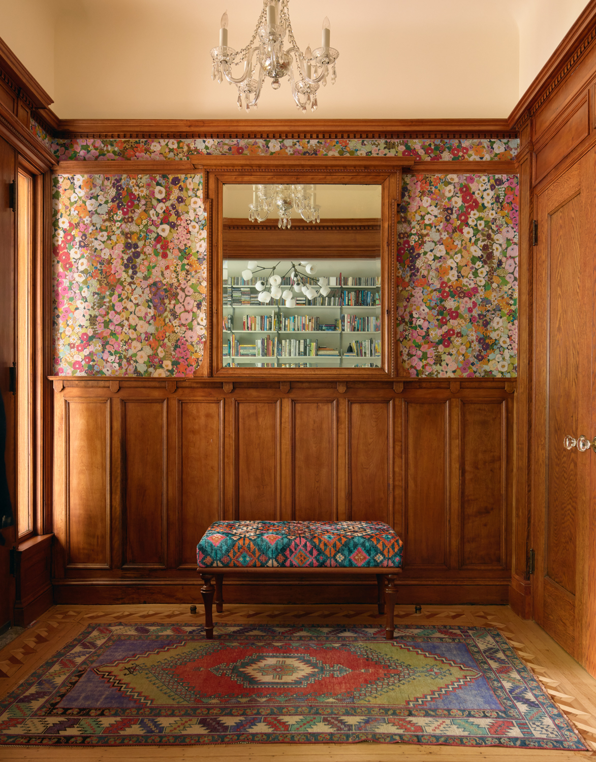 FOYER PINK WALLPAPER WOOD PANELING