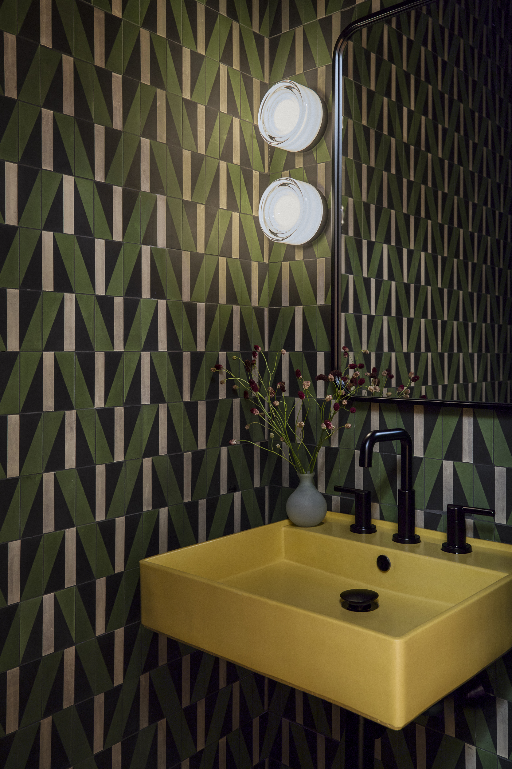 POWDER ROOM GREEN TILE WALL YELLOW SINK