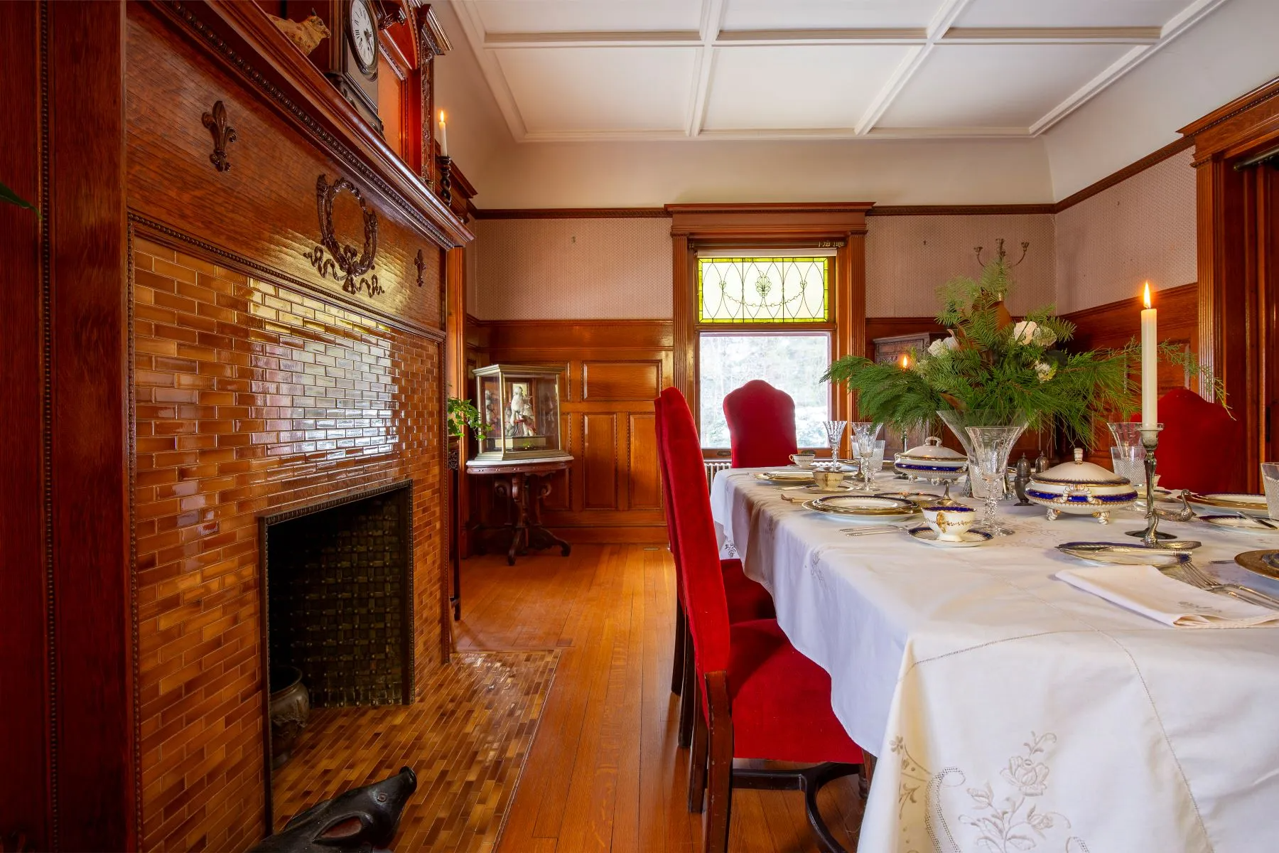 dining room with stained glass, mantel