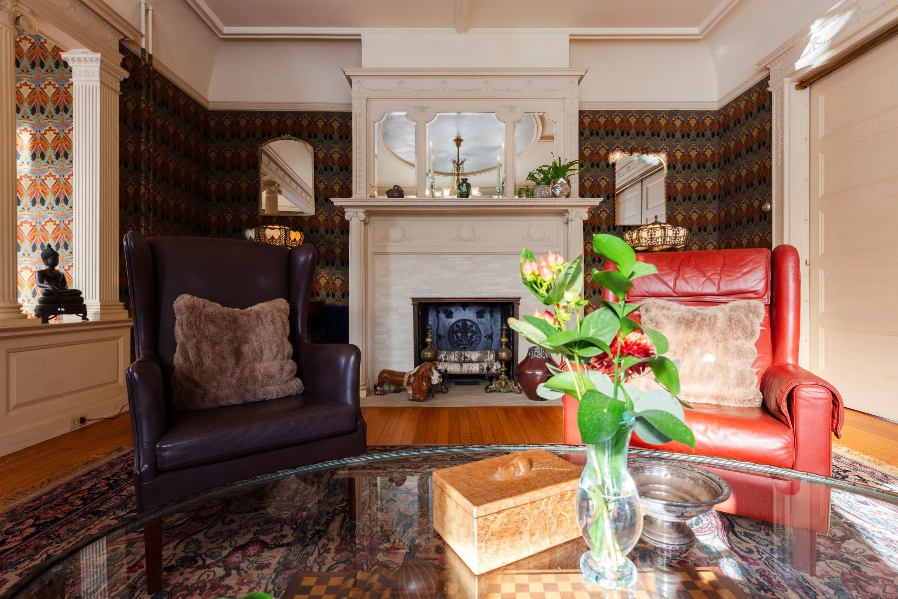 parlor with mantel, wallpaper