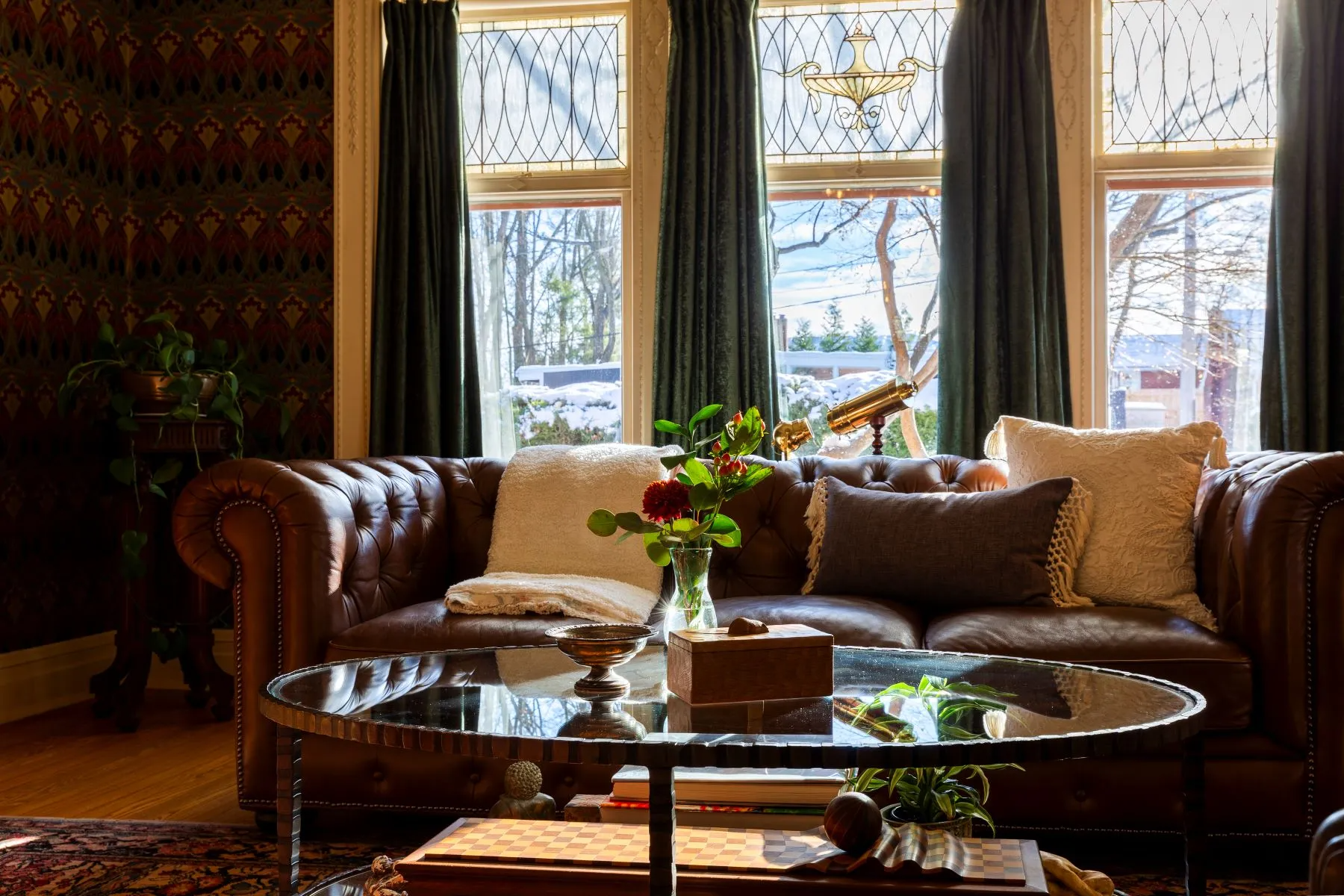 parlor with stained glass window