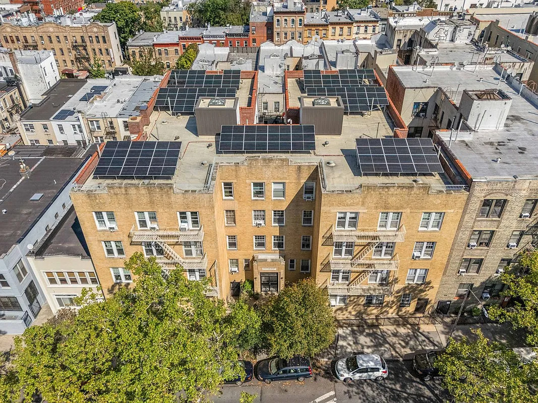 aerial of building with solar panels