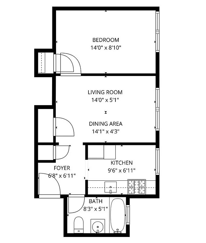 floorplan showing a bathroom and kitchen near the entry and bedroom on other end of the unit