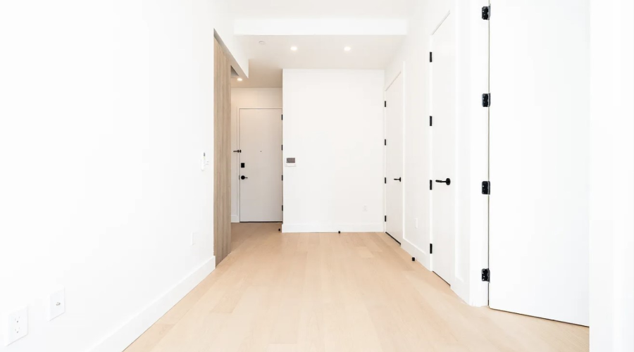 apartment interior with white walls, recessed lighting