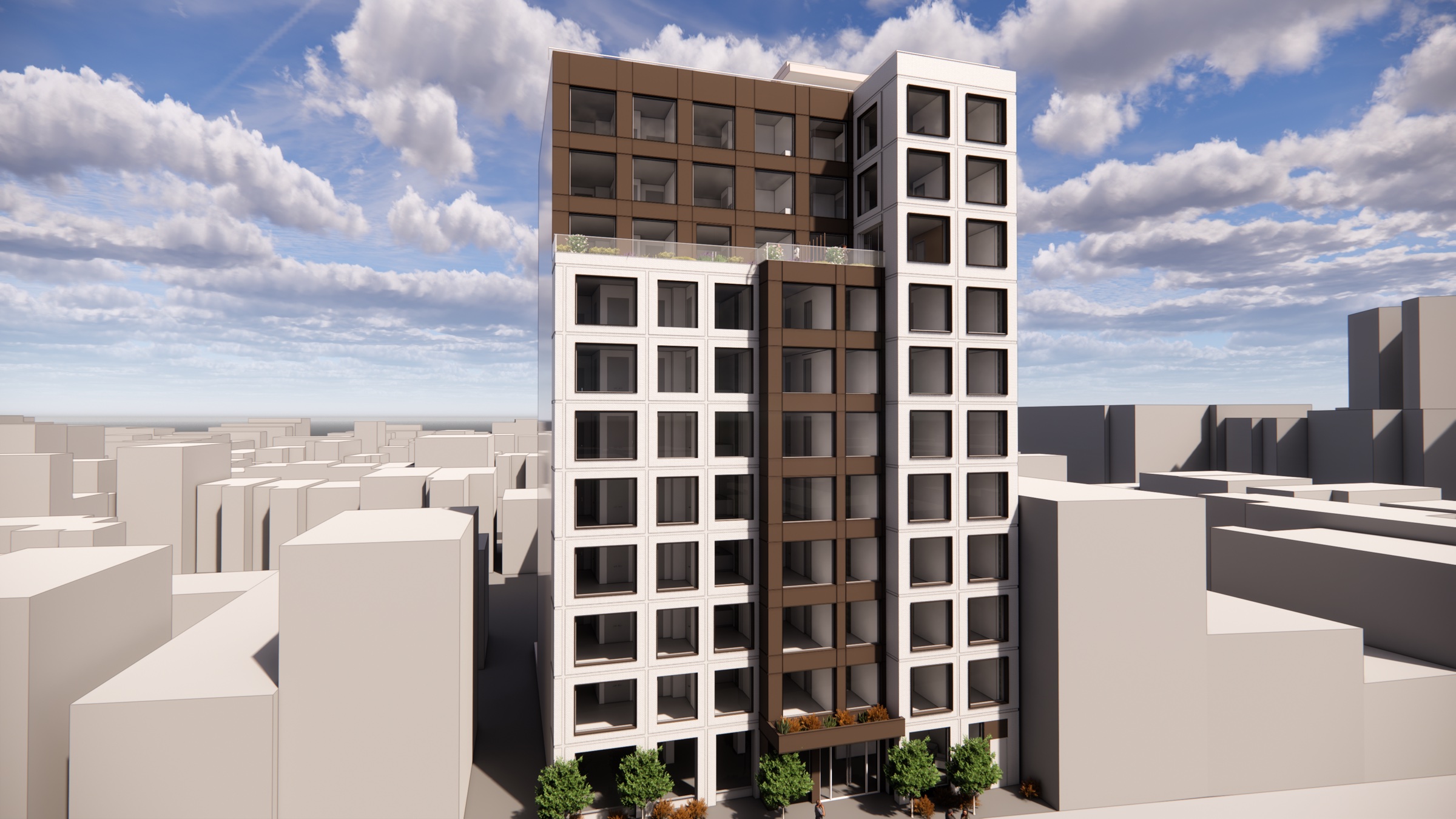 rendering of a building with brown and white facades