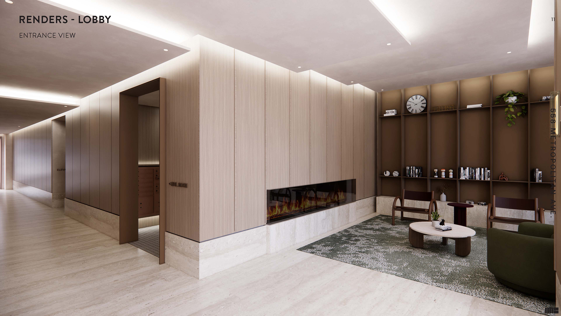 rendering of a lobby with beige floors and walls