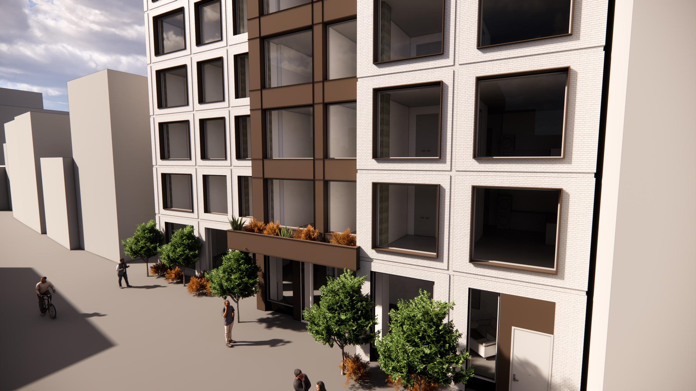 rendering of a modern building with white and brown facade