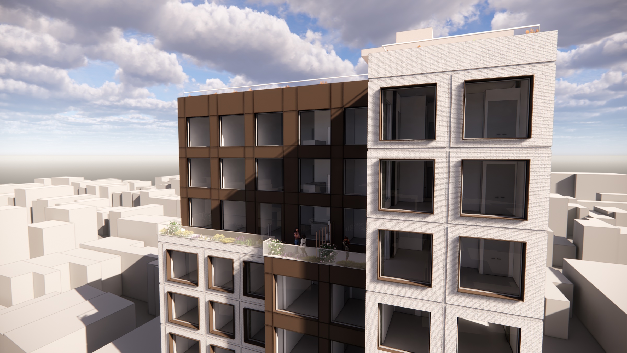 rendering of a building with a white and brown facade