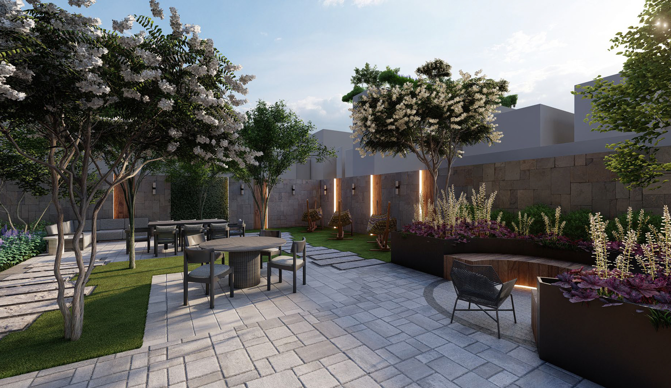 rendering of a terrace with paved paths, seating and trees