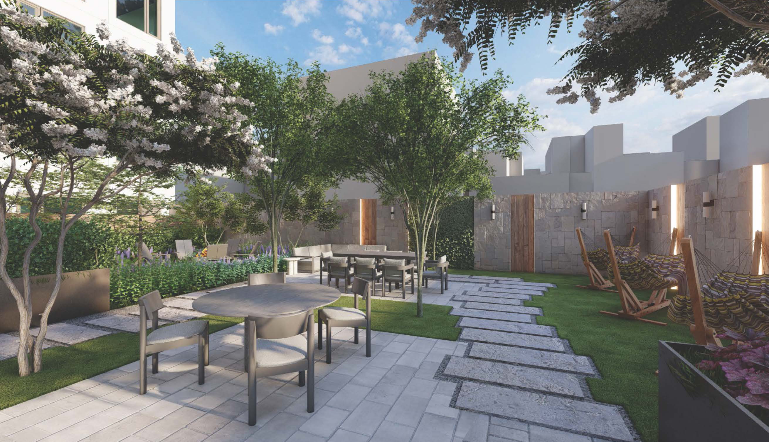 rendering of a terrace with paved paths, seating and trees