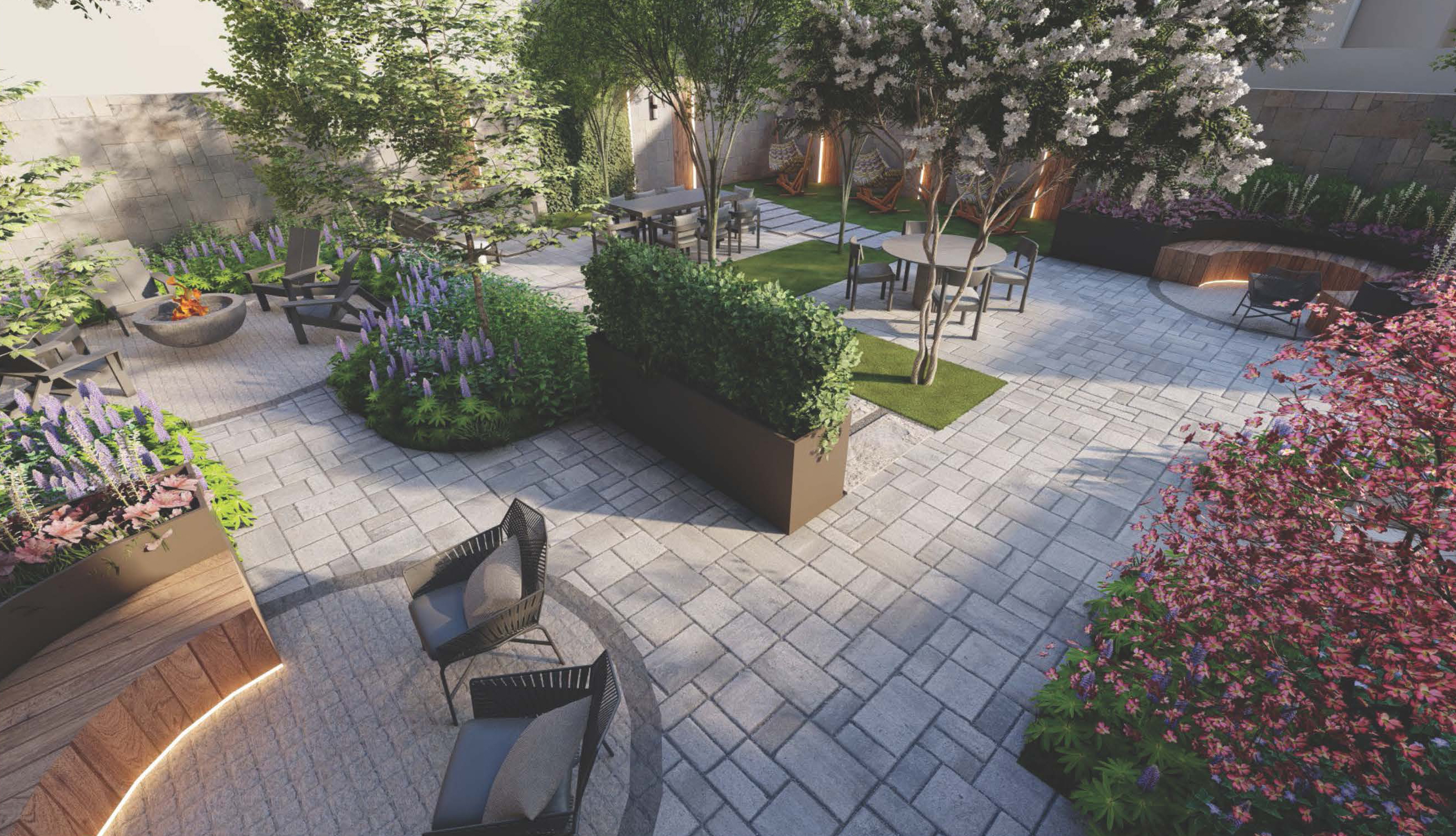 rendering of a terrace with paved paths, seating and trees