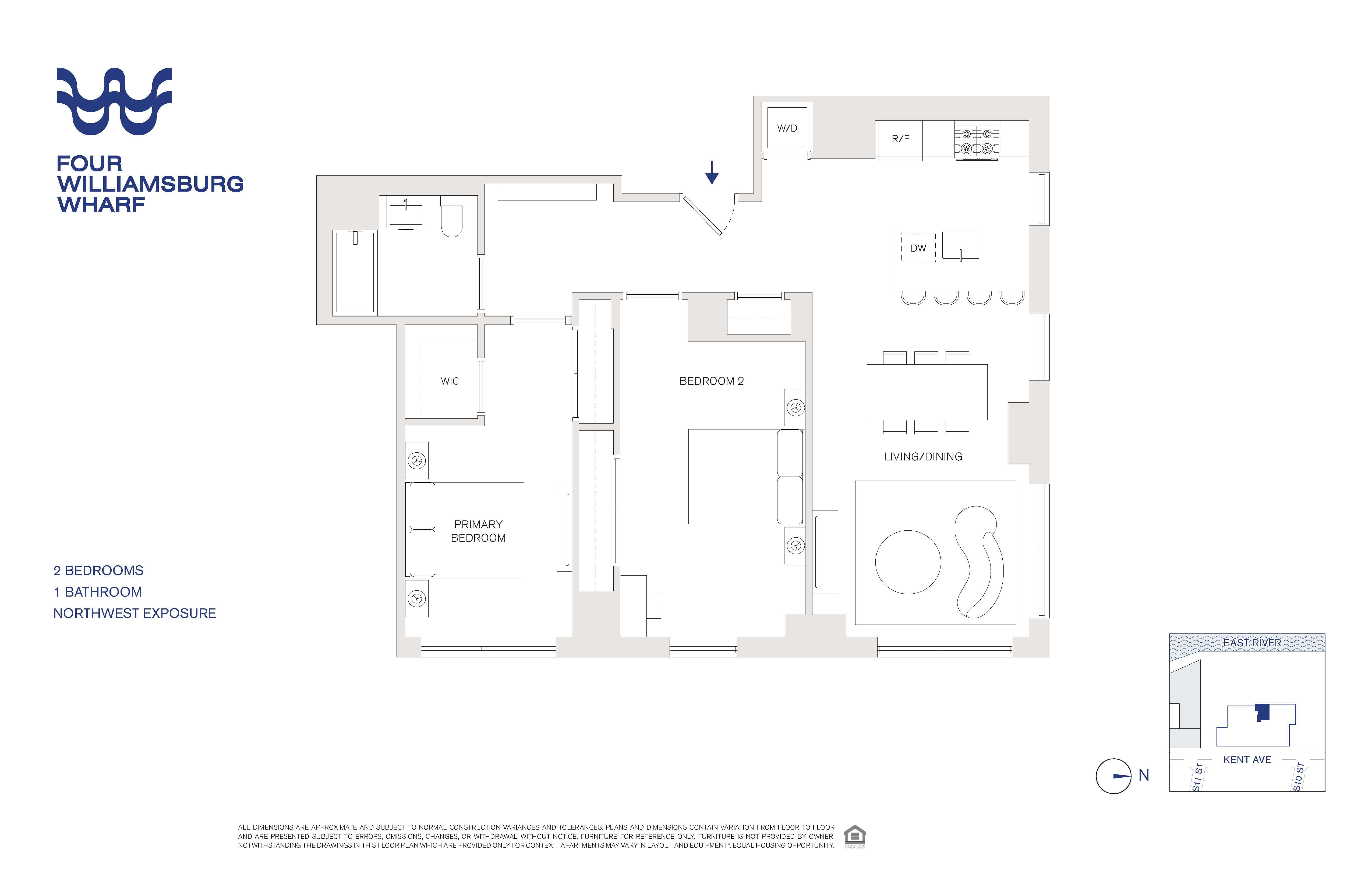 floorplan for a two bedroom unit with open plan living and kitchen
