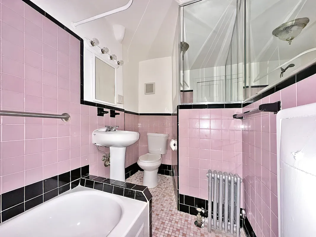 bathroom with violet art deco wall and floor tile