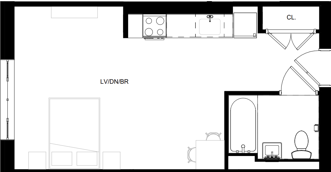 studio apartment with a kitchen and bathroom
