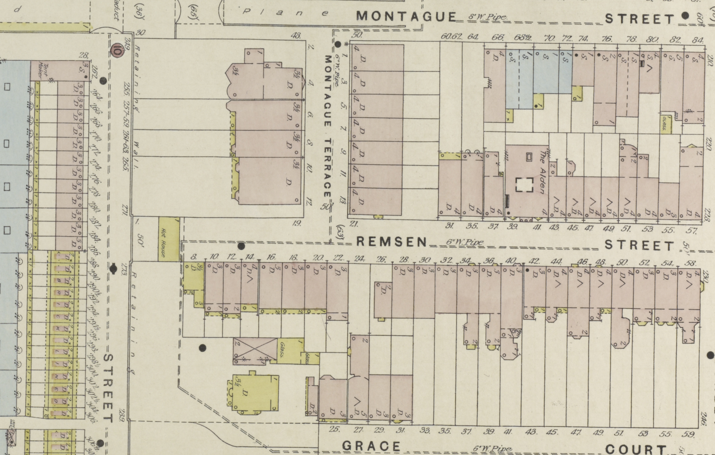 map showing brick buildings in pink and wood frame in yellow