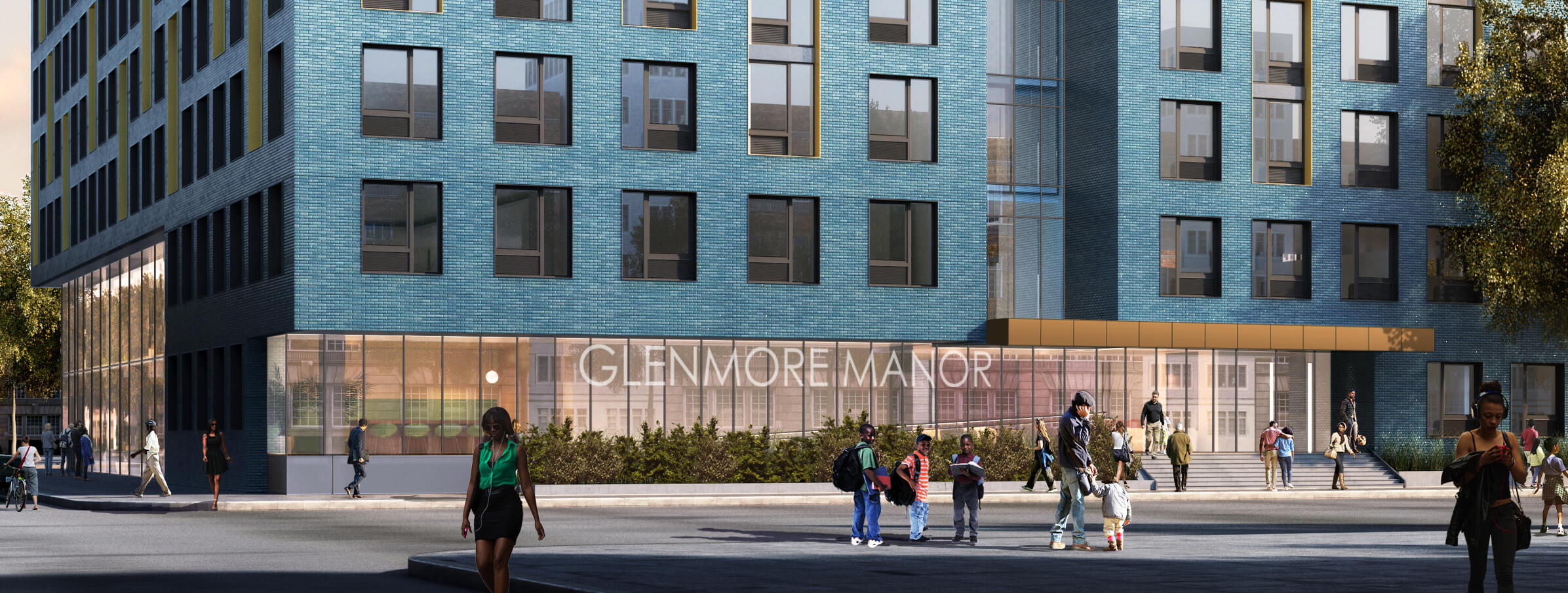 rendering of the streetlevel with signage for Glenmore Manor