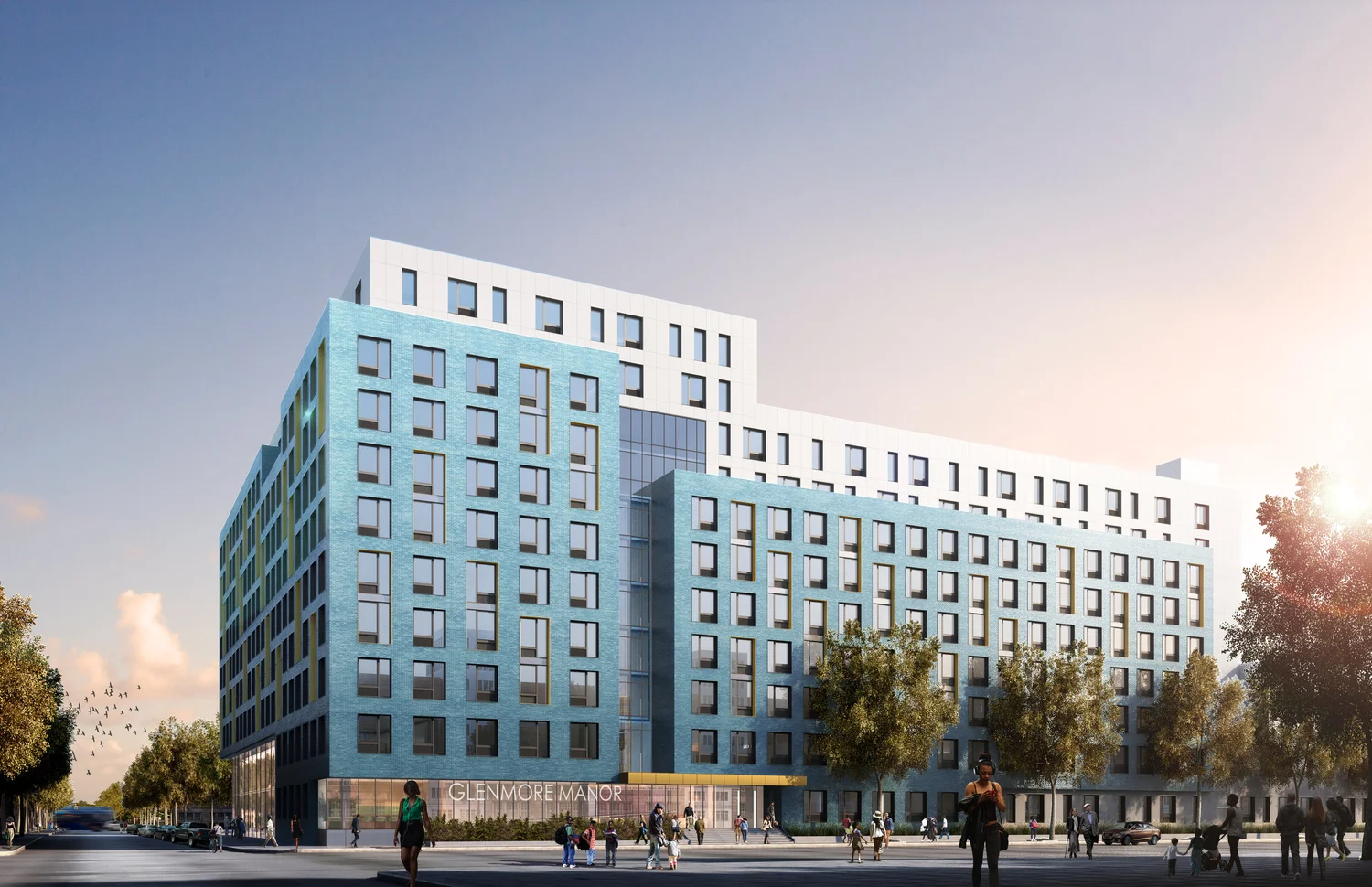 rendering of a multi-story building with a blue and white facade and a glass ground level