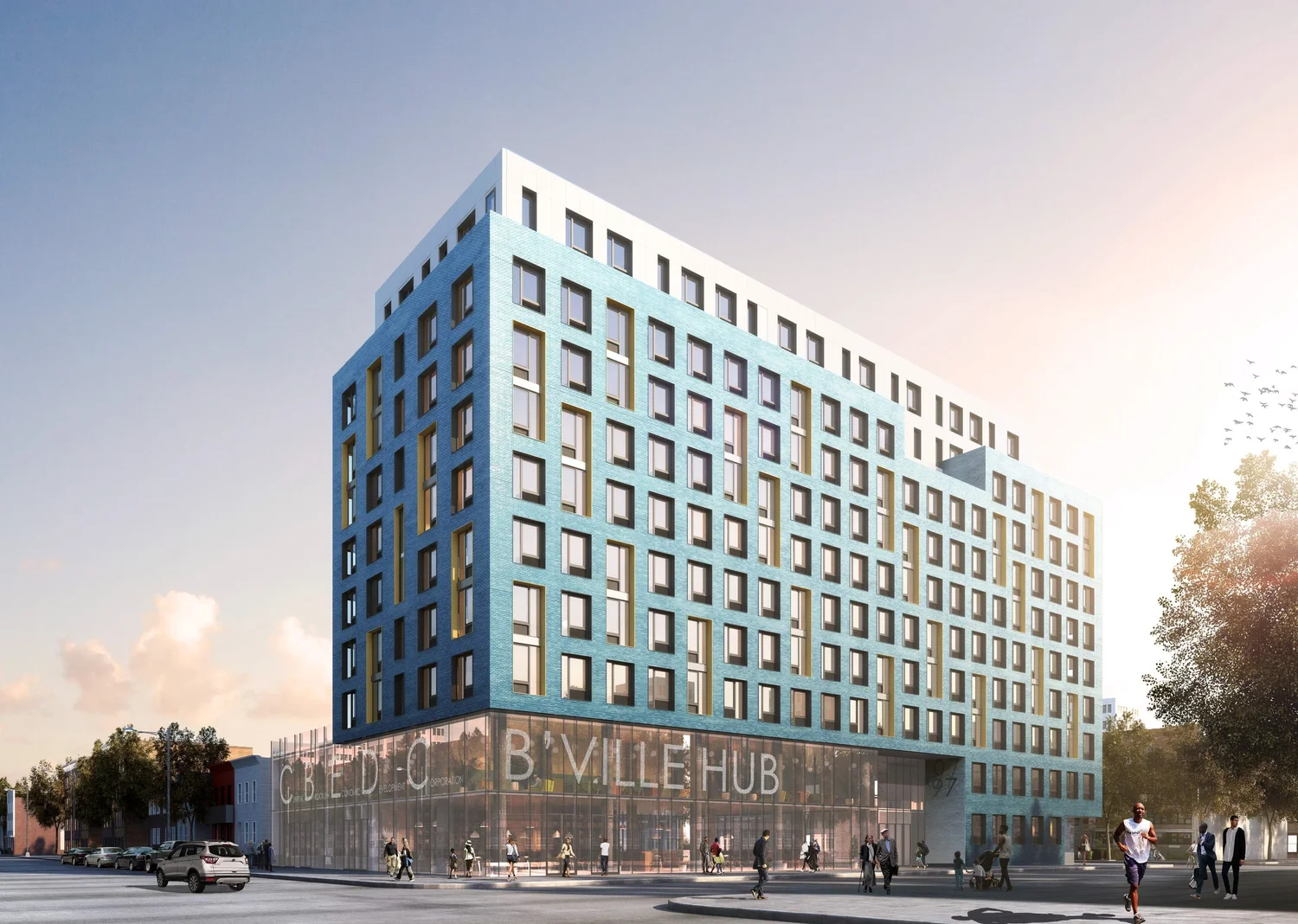rendering of a multi-story building with a blue and white facade and a glass ground level