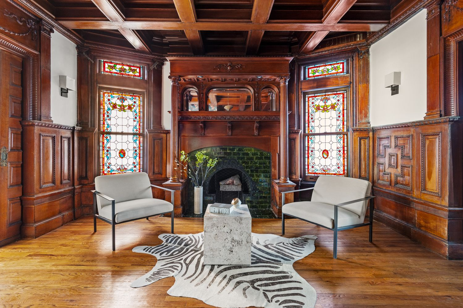 middle parlor with mantel, stained glass, wainscoting
