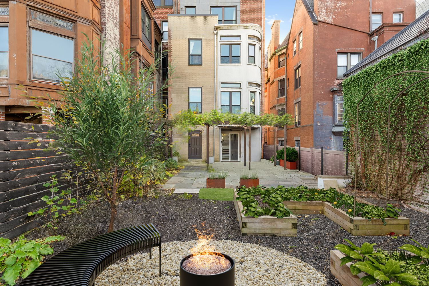 virtually staged rear yard with patio, pergola, fire pit