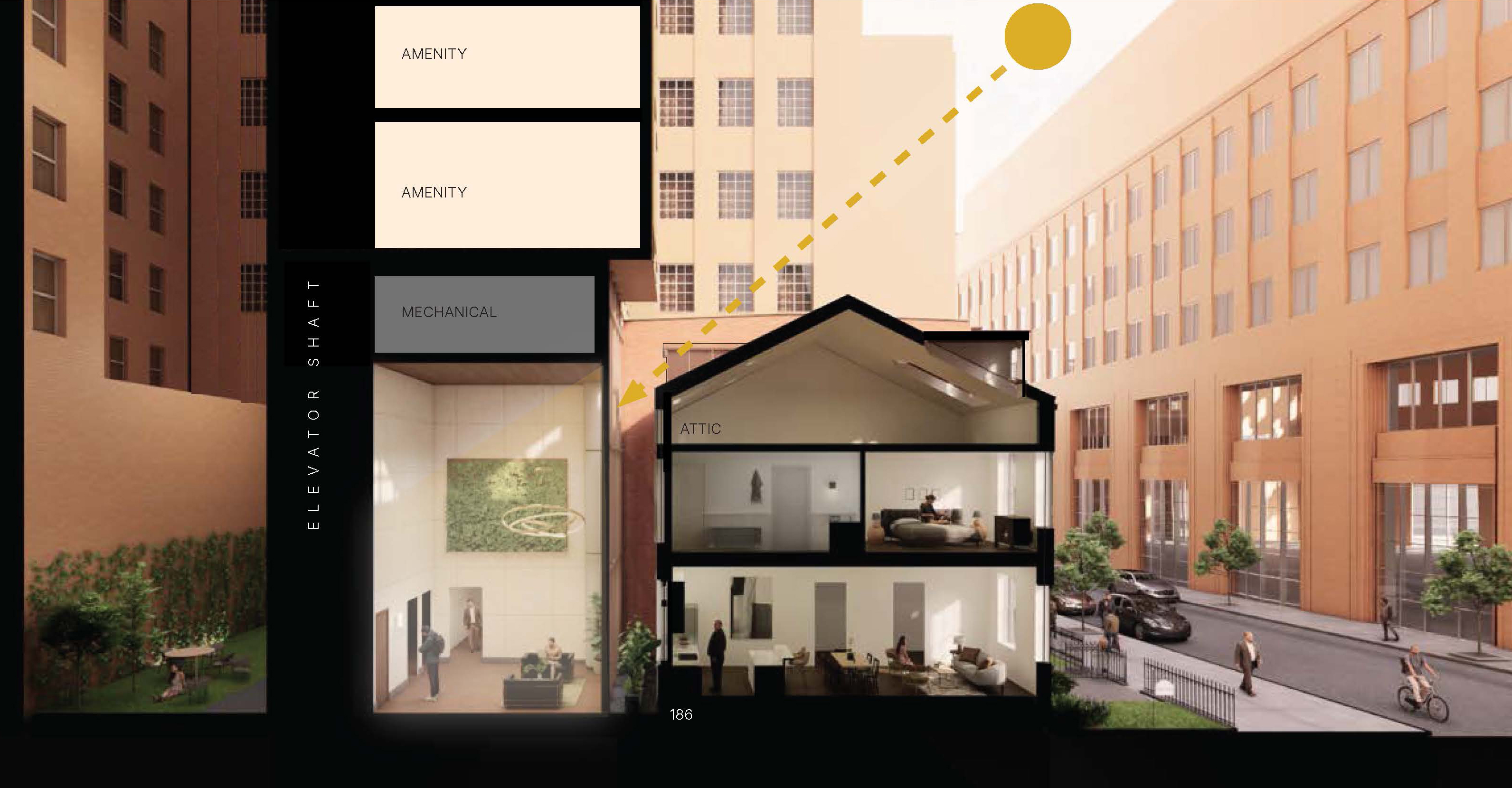 rendering showing a gap between the houses and the new tower