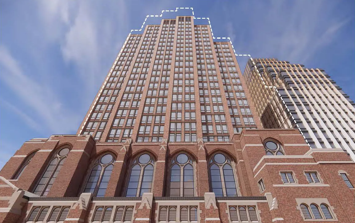 rendering showing height of original proposal and new tower