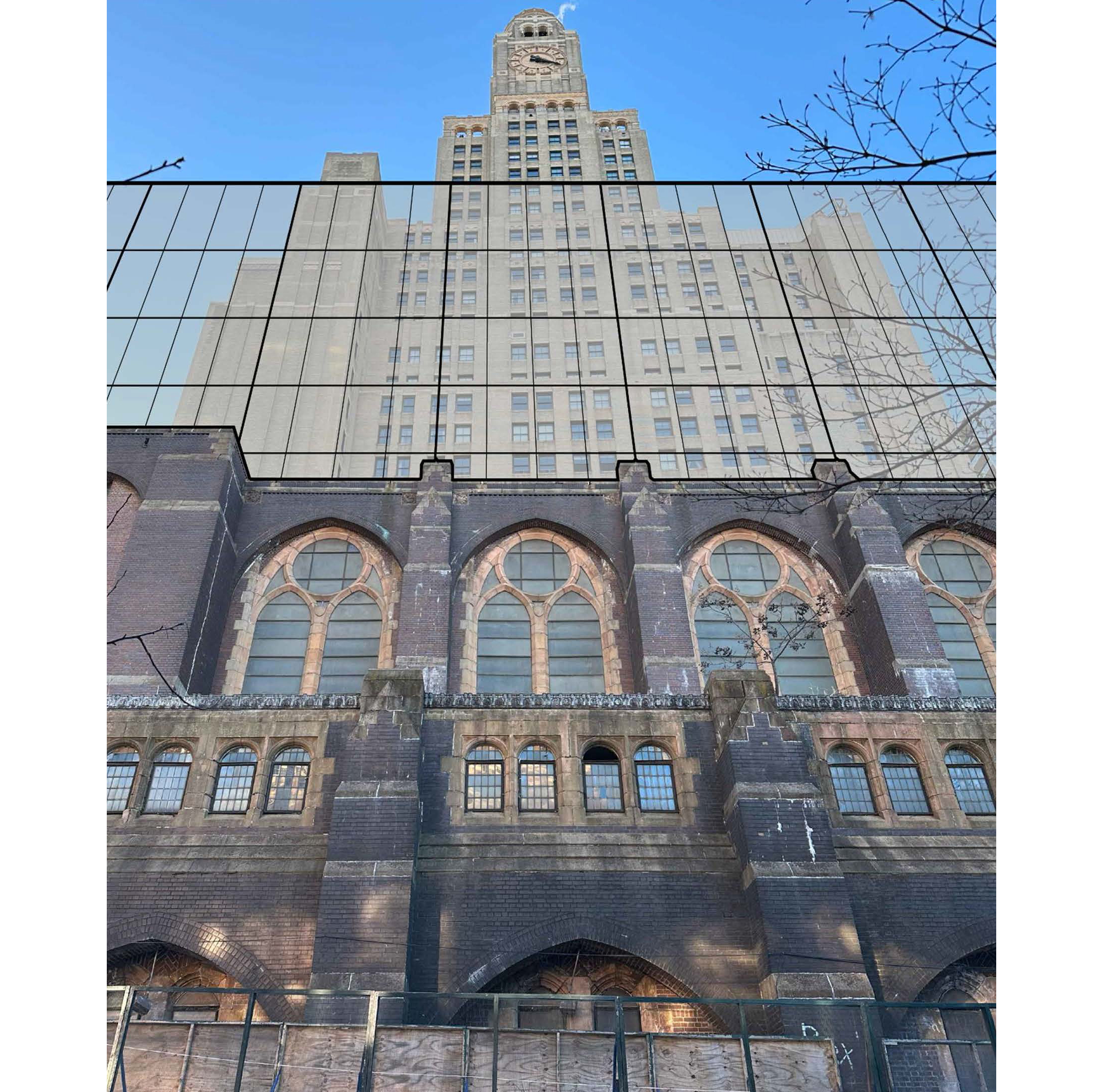 rendering showing new building rising from church