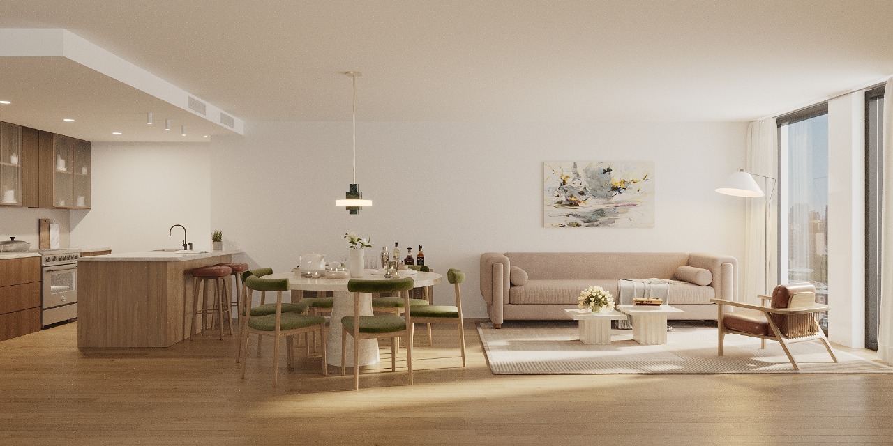 open plan living room and kitchen with a peninsula