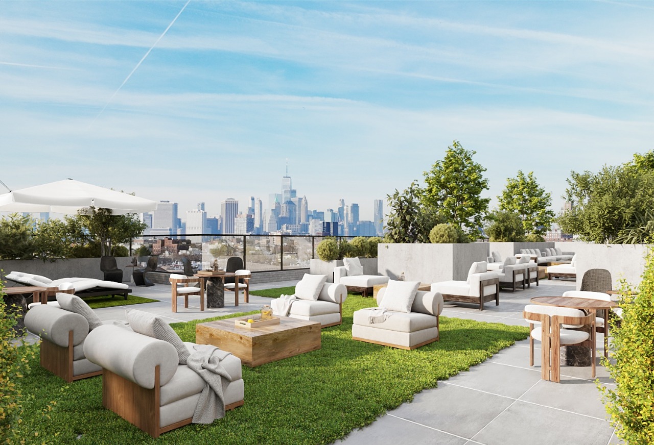 rooftop deck with seating, plantings