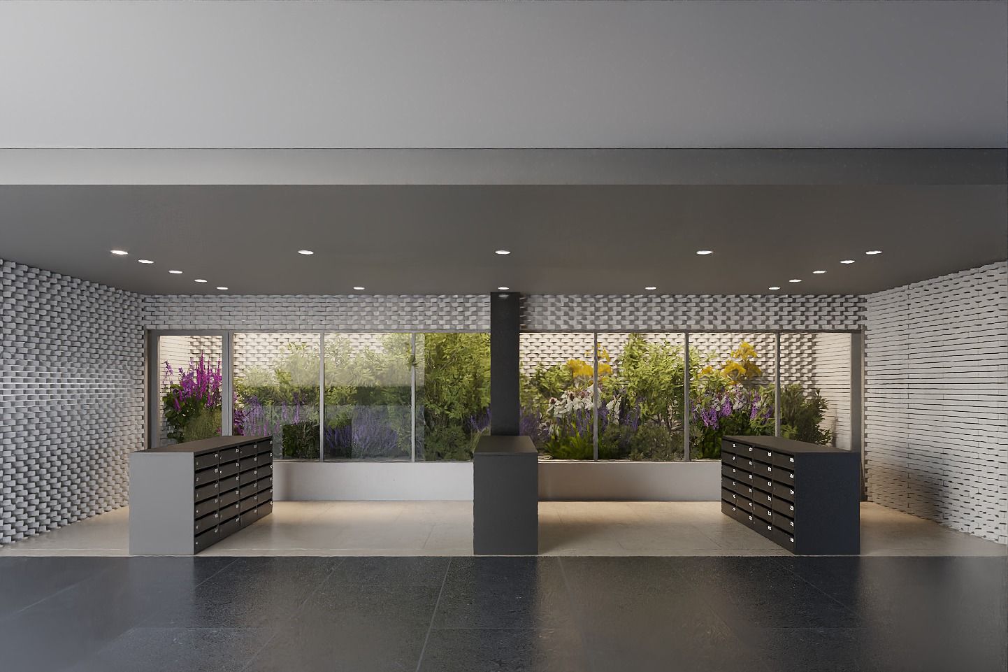 lobby space with view to exterior plantings
