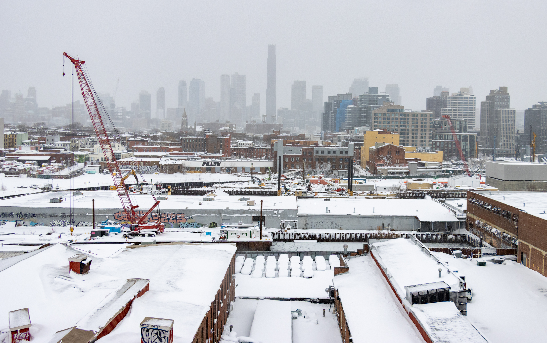 snowy skyline view of gowanus and downtown Brooklyn
