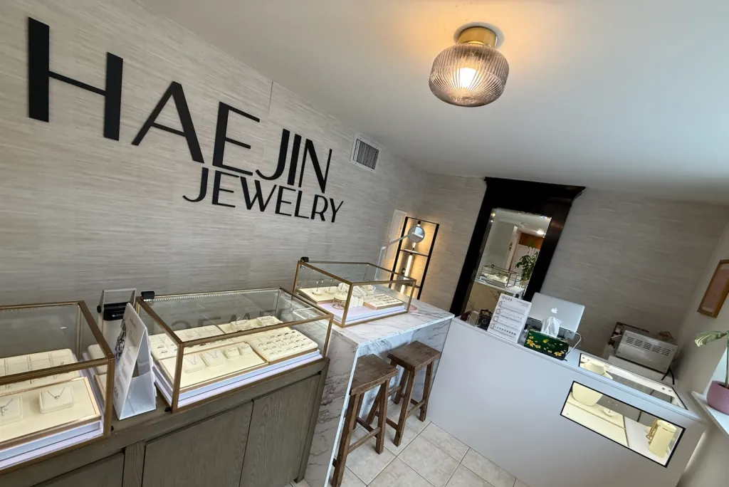 interior of a jewelry store with glass display cases