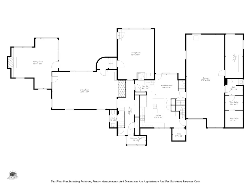 floorplan of the first floor with garage wing and main house