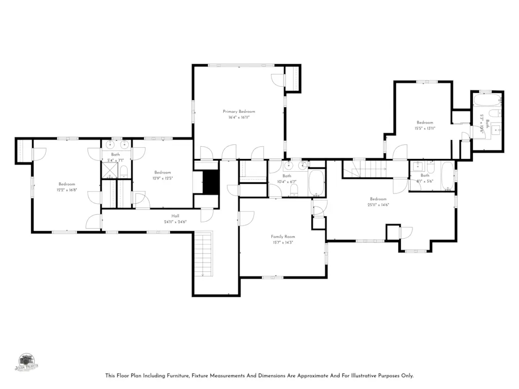 floorplan of second floor with five bedrooms and a den
