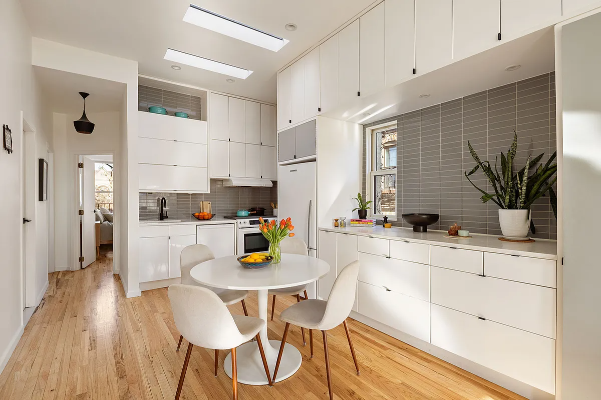 kitchen with slabfront white cabinets