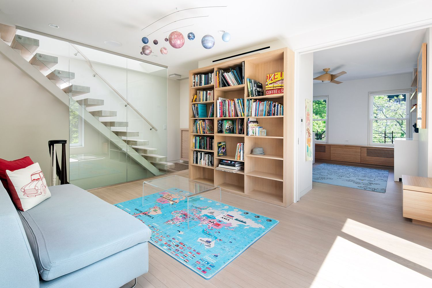 playroom with view of modern staircase
