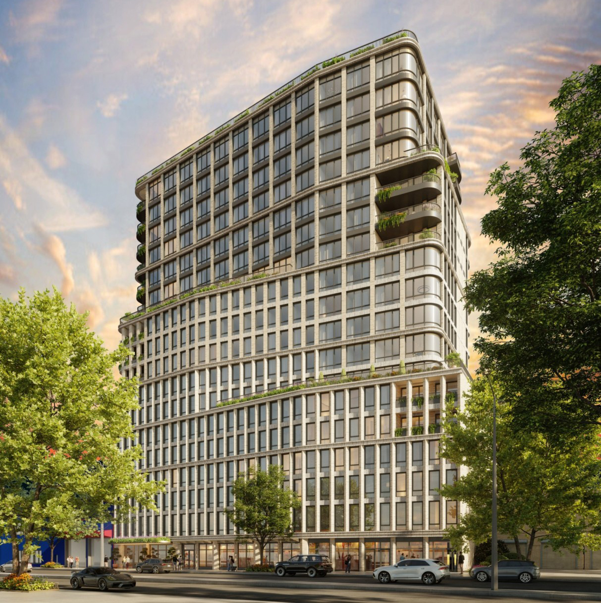 rendering of a multi-story building with terraces