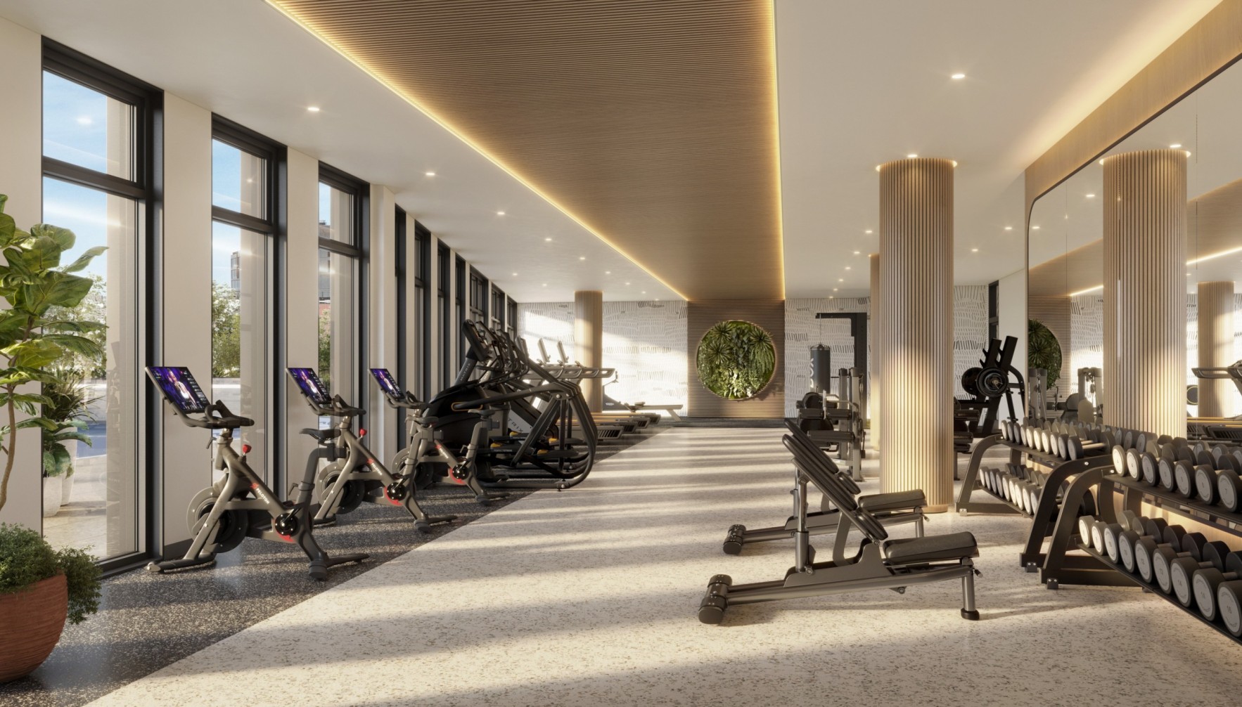 gym with wall of windows