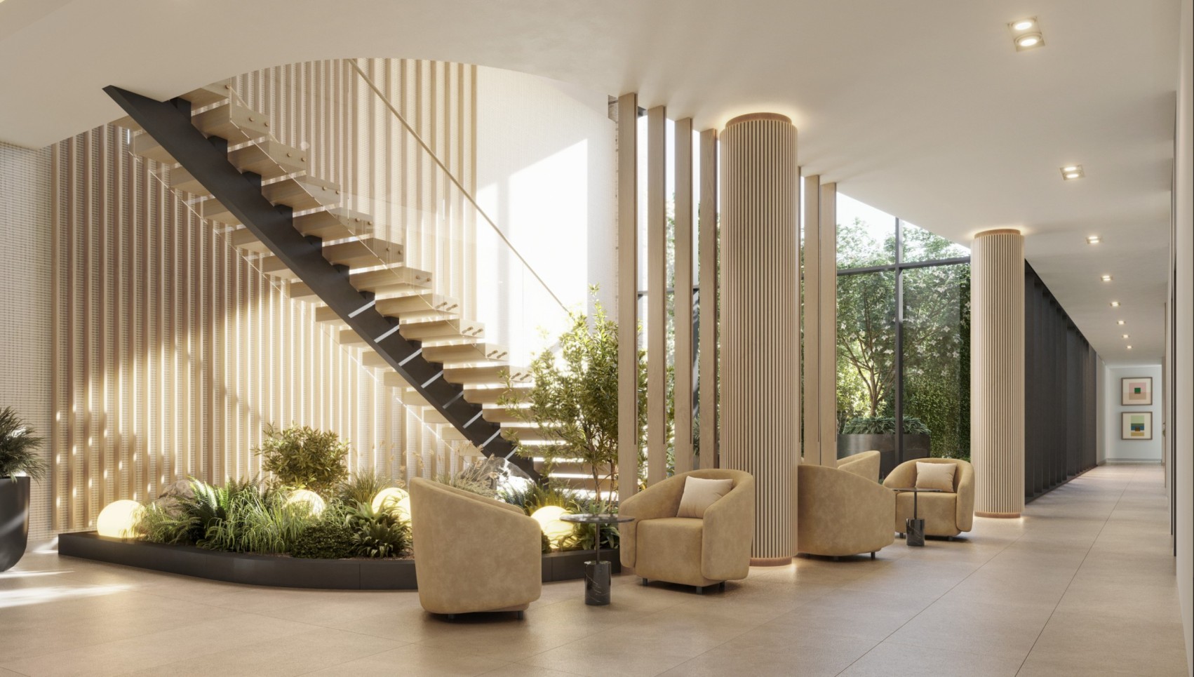 lobby with open staircase, seating