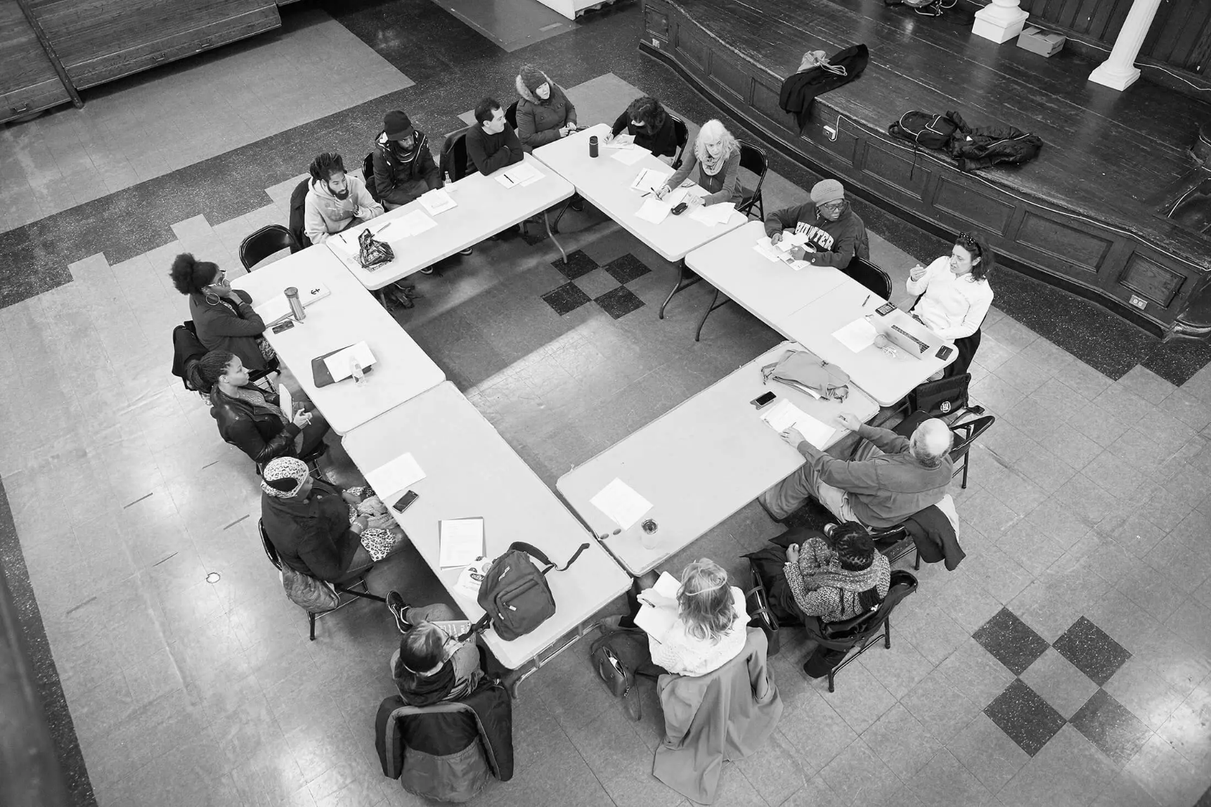 aerial view of people around a table