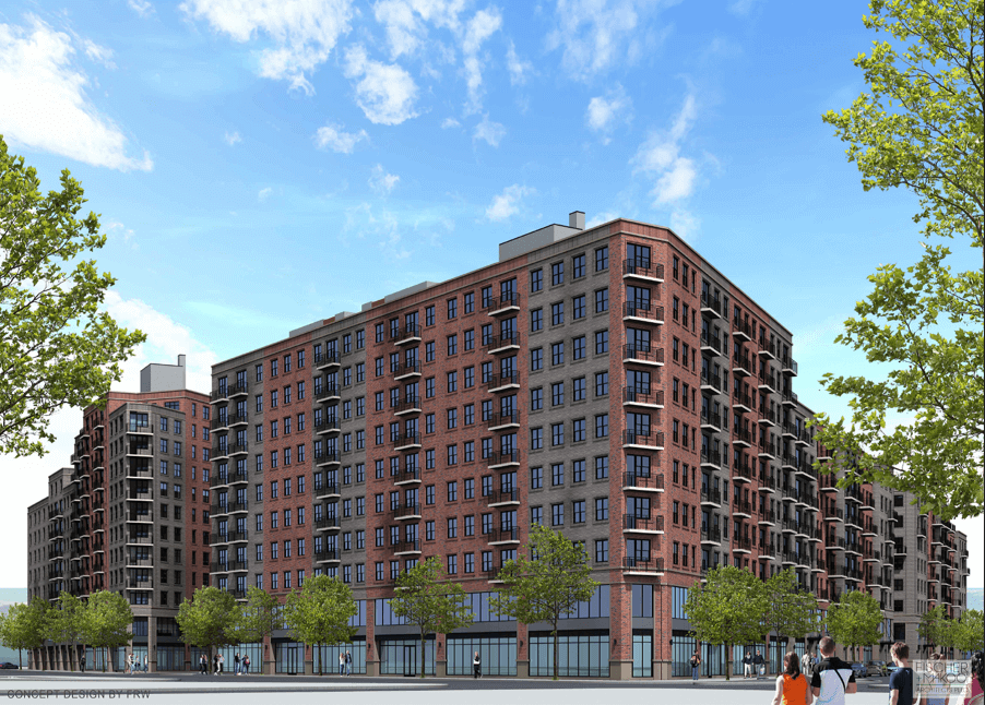 rendering of a brick multi story building