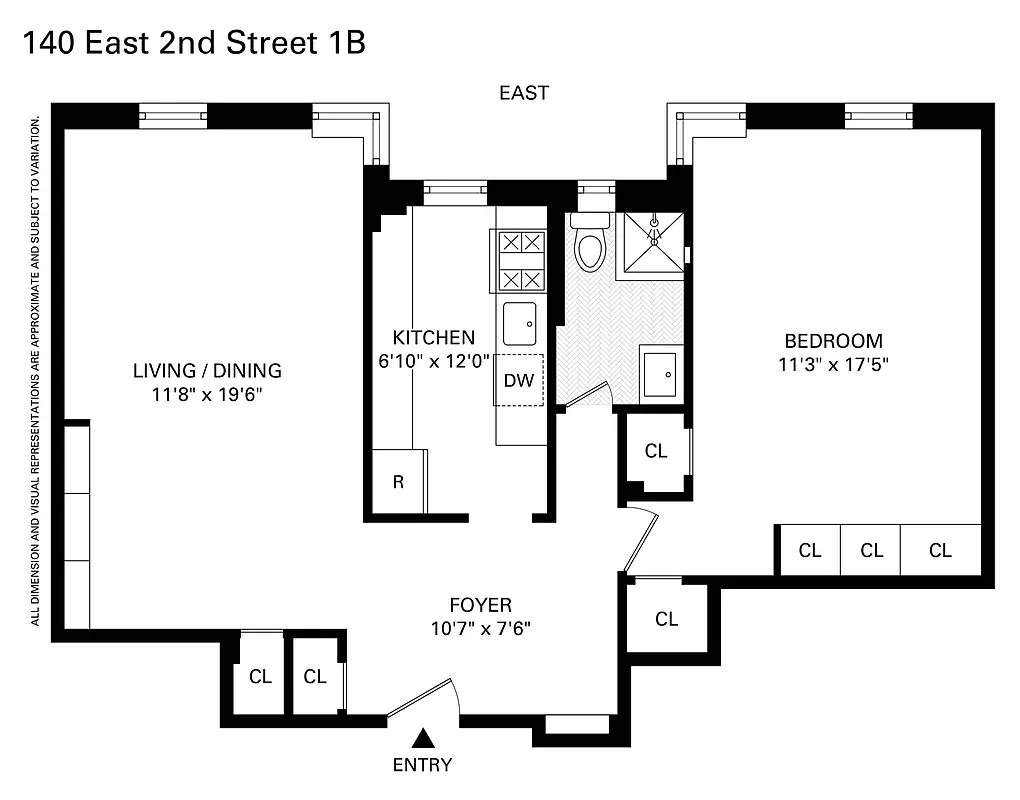 floorplan with bedroom and living room on opposite ends of the unit