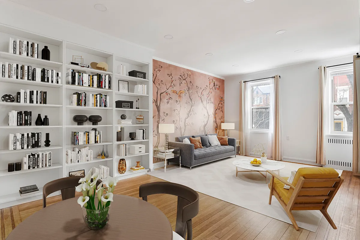 virtually staged living room with bookshelves