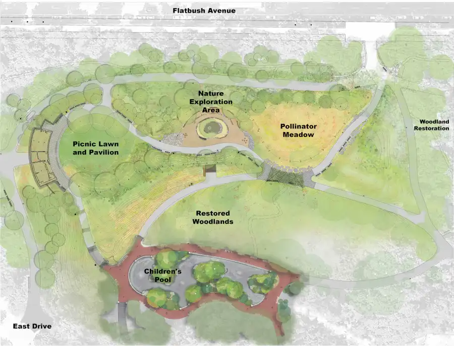 map showing areas planned for the space including a pollinator meadow