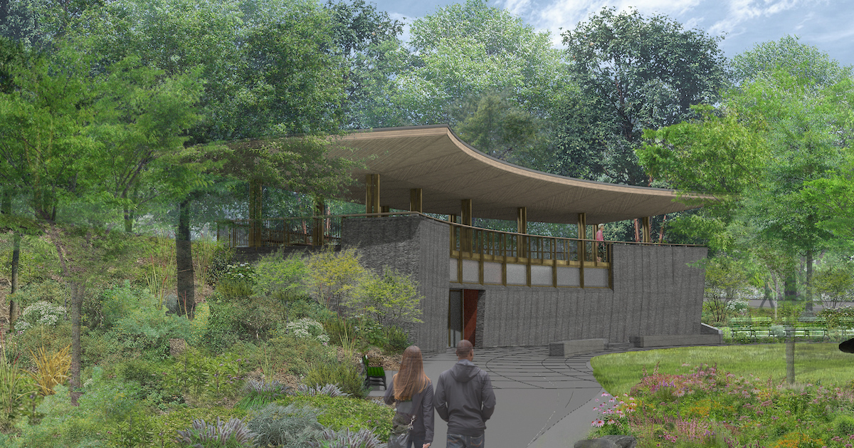 rendering of a pavilion with a green roof