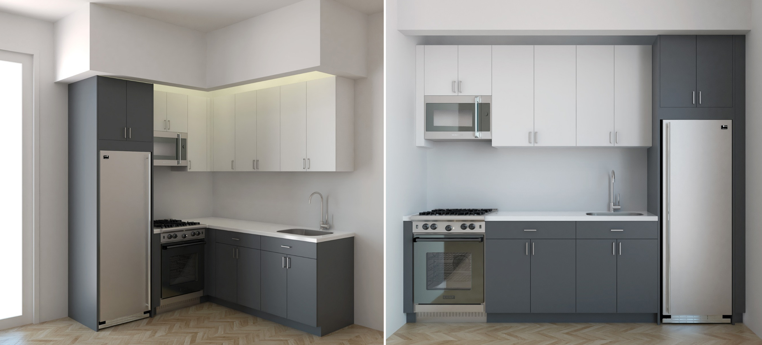 renderings of kitchens with white and gray cabinets