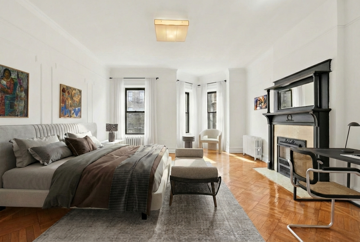bedroom with a wood mantel