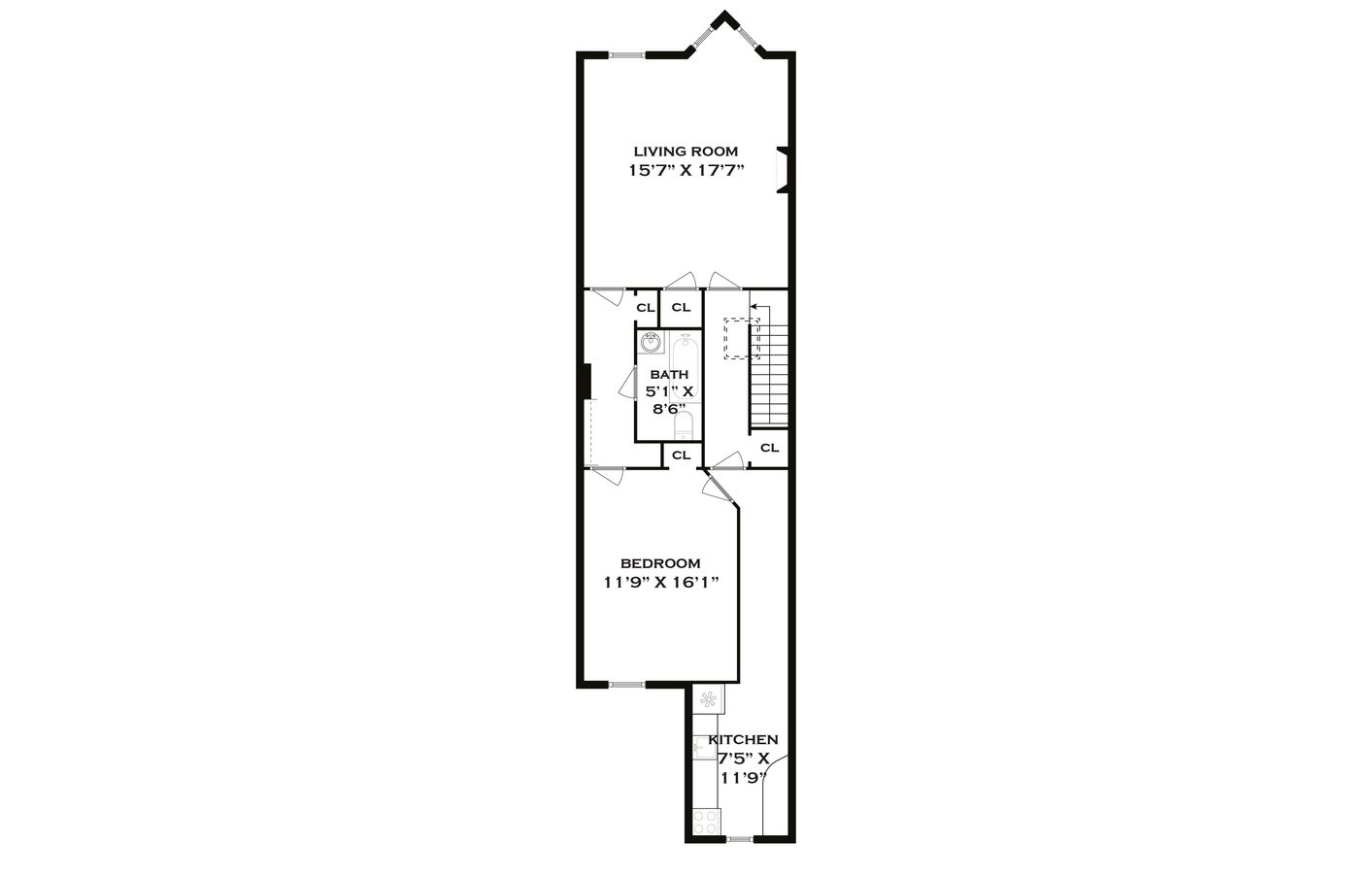 floorplan with living room on one end of the unit and bedroom on the other
